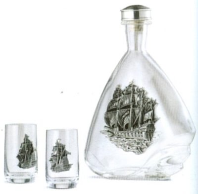 La Paloma German Glass with Pewter Ship Liquor Decanter Set